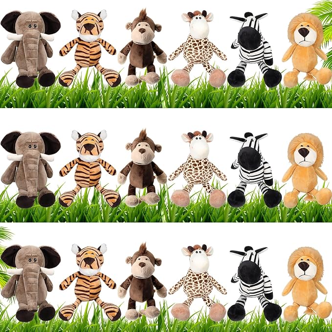 18 Pcs Safari Stuffed Animal, Plush Jungle Animal Toys for Girls Boys, 11.8'' Giraffe Lion Zebra 9.8'' Tiger Monkey 9'' Elephant for Adopt a Pet Party Favor Birthday Gifts Class Award