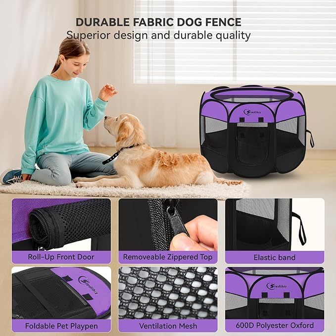 Large Dog Playpen, Puppy Pet Playpen Indoor, Dogs Tent Crates Cage Indoor/Outdoor, Portable Pop Up Dog Kennel Playpen with Carrying Case for Dogs/Cats/Rabbits, Purple