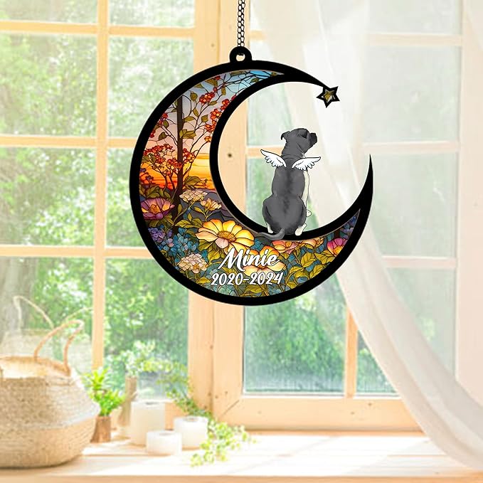 Personalized American Staffordshire Terrier (Black) Sun Catcher, Dog Memorial Gifts, Custom American Staffordshire Terrier (Black) with Wings Ornament Christmas Tree, Loss of Dog Sympathy Gift