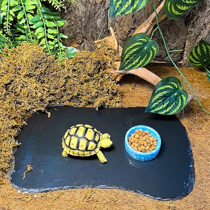 Reptile Basking Platform 13.5''x8.0'' Turtle Rock Slate Feeding Bowl Food Dish Feed Plate Tortoise Bathing Resting Slab for Lizard Gecko Bearded Dragon Chameleon Snake Frog
