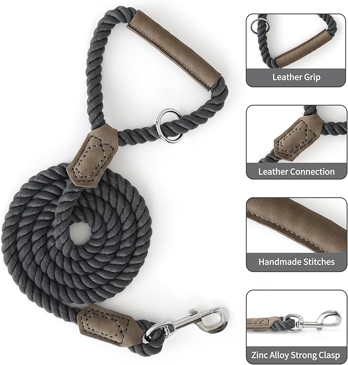Mile High Life Dog Leash, Braided Cotton Rope Leashes with Leather Handle - Heavy Duty Metal Clasp, 5FT, 1/2" Thick - Wedding, Walking & Training Leash for Small Medium Large Dogs (Gray)