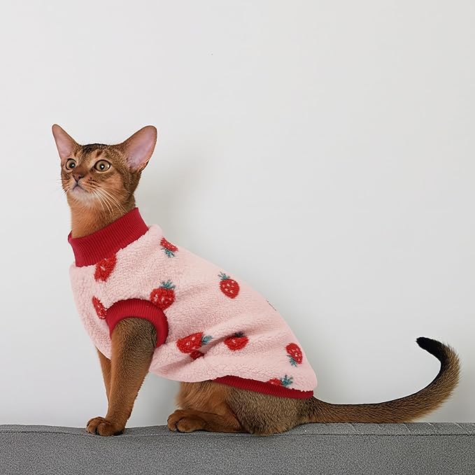 PUMYPOREITY Cozy Fleece Cat Sweater - Stretchy & Warm Knitted Cat Shirt, Super Soft Kitten Sweater, Machine Washable Pet Clothing for Comfort & Style, Pink, XS
