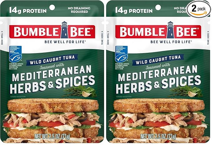 Bumble Bee Mediterranean Herbs & Spices Seasoned Tuna, 2.5 oz Pouch - Ready to Eat - Wild Caught Tuna Packet - 14g Protein per Serving - Gluten Free (Pack of 2)