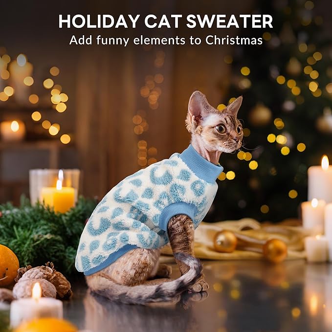 PUMYPOREITY Winter Warm Cat Sweater - Super Soft & Elastic Knit with Plush Fleece, Easy-On Design with Ribbed Neck & Cuffs, Stretchy Cat Outfit for Indoor/Outdoor Use,Blue, S