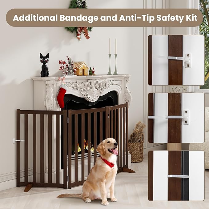 Wire Dog Gate Solid Wood Frame, Anti-Chewing, 3-Panel, 30" Height, 60" Width, Indoor Freestanding Pet Gate Foldable Wooden Dog Fences for Stairs, House, Doorway, Walnut