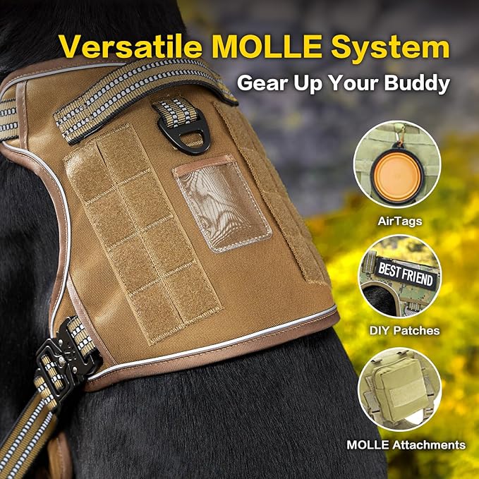 PawsPassion No Pull Dog Harness for Medium Large Dog, Heavy Duty Tactical Adjustable Pet Harness, Voyager Service Walking Vest Harness with Easy Control Handle Reflective Strip (Sandstone, L)