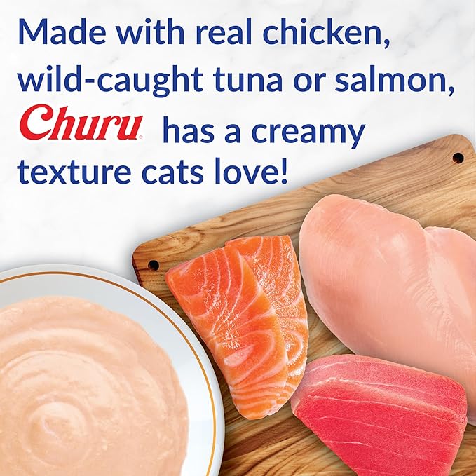 INABA Churu Cat Treats, Grain-Free, Lickable, Squeezable Creamy Purée Cat Treat/Topper with Vitamin E & Taurine, 0.5 Ounces Each Tube, 24 Tubes (4 per Pack), Tuna with Chicken Recipe