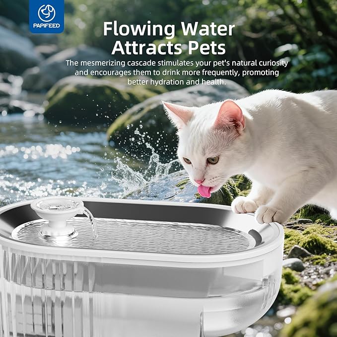 PAPIFEED Cat Water Fountain + Stainless Steel Tray (White Single Filter Element, Not Mat)