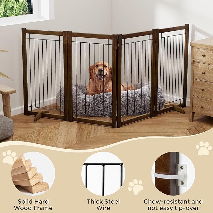 Wire Dog Gate Solid Wood Frame, Anti-Chewing, 4-Panel, 36" Height, 80" Width, Indoor Freestanding Pet Gate Foldable Wooden Dog Fences for Stairs, House, Doorway, Walnut Color