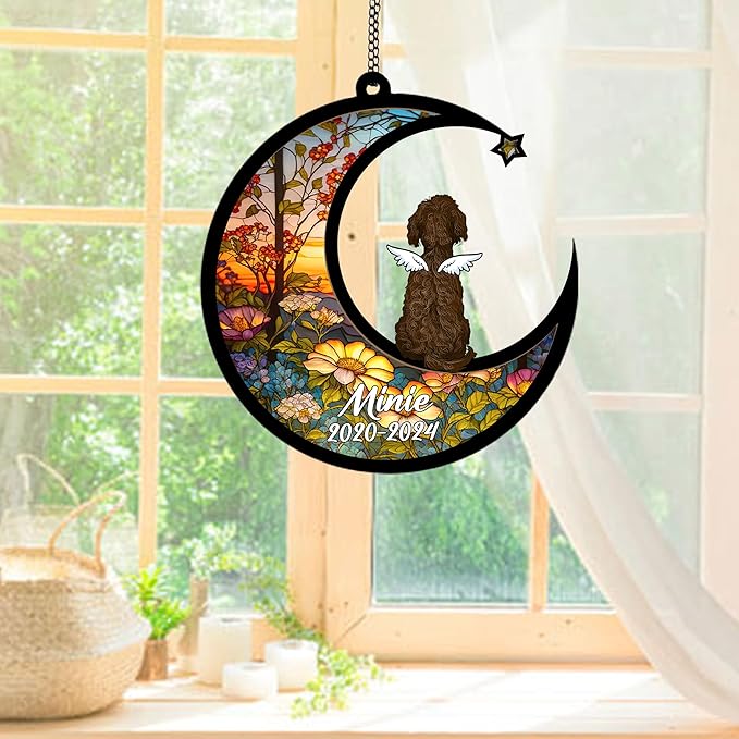 Personalized Labradoodle (Chocolate) Sun Catcher, Dog Memorial Gifts, Custom Labradoodle (Chocolate) with Wings Ornament Christmas Tree, Loss of Dog Sympathy Gift Memorial Suncatchers