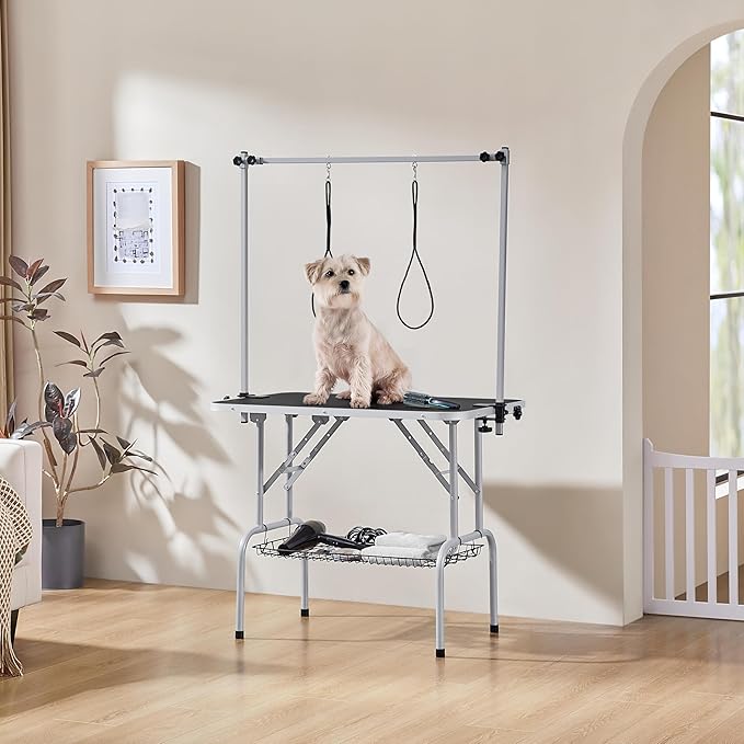 Yaheetech 36'' Pet Grooming Table for Dogs Adjustable Height Portable Trimming Table Drying Table w/Arm/Noose/Mesh Tray Maximum Capacity Up to 265Lb, Black