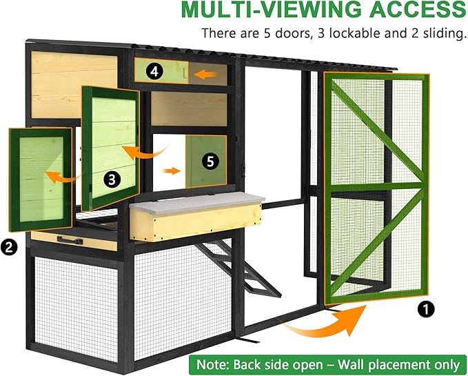 Chicken Coop with Nesting Box, Outdoor Wooden Poultry Cagefor 3-4 Chickens, 5 Doors Hen House w/Removable Tray, Weatherproof for Backyard Pet Hutch