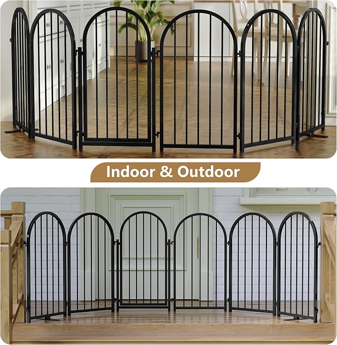 Full Metal Dog Gate with Door for Indoor Outdoor, 32" Tall Free Standing Pet Dog Fence, 108" Extra Wide Pet Gates for Stairs, Hallways, Doorways, Kitchen, Decks, Yards (Black, 6 Panels)