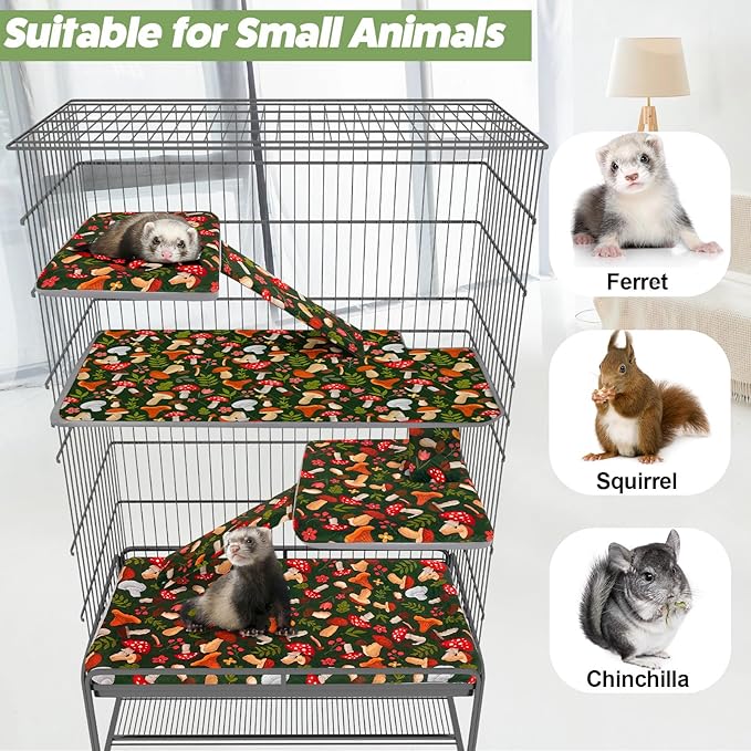 Bienbee Ferret Cage Liner Set, Waterproof Ferrets Cage Accessories for Small Animals Rats Chinchillas Hedgehogs Ferrets(Green Mushroom, Double Unit Combo)