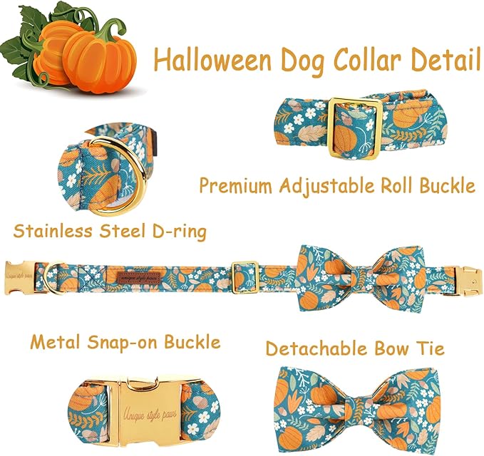Unique style paws Halloween Dog Collar with Bow Tie Pumpkin Cotton Collar Adjustable Puppy Collar for Small Medium Large Dogs-L