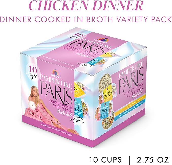 Weruva Pamper Like Paris Natural Wet Dog Food, Chicken Recipes Cooked in Broth Variety Pack (2.75oz Cup, Pack of 10)