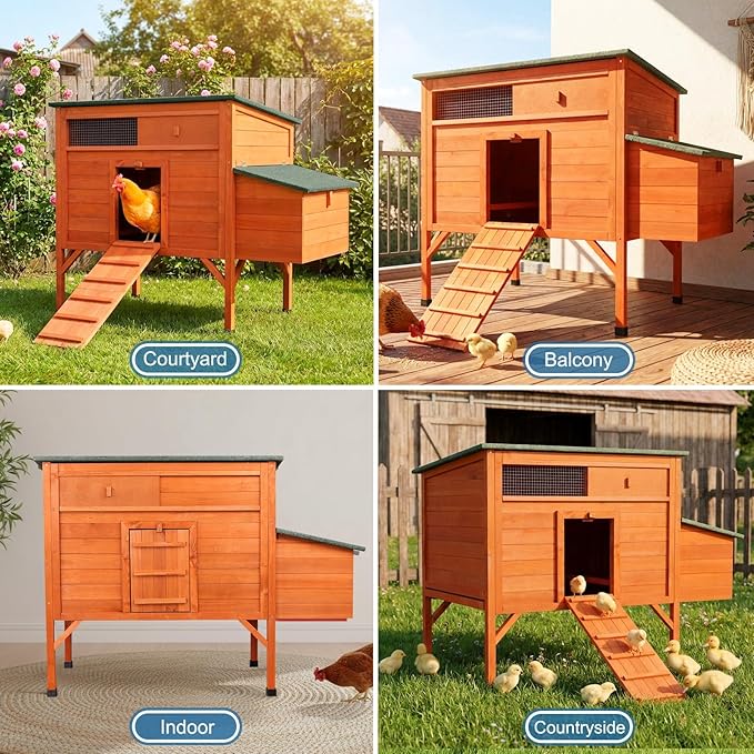 Outdoor Chicken Coop Weatherproof Wooden Hen House Small Animal Pet Hutch with Asphalt Roof Elevated Legs Removable PVC Layer Above Nest Box Pull-Out Tray