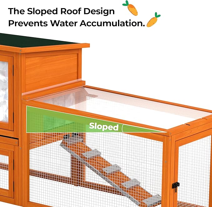 COZIWOW Large Wooden Rabbit Hutch Outdoor Indoor Bunny Cage, 2-Level Small Animal House Enclosure with All-Covered Sloped Roof (Orange)