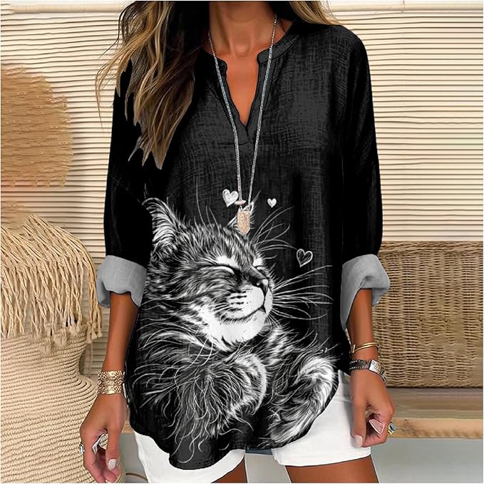 MARSVOVO Cat Shirts for Women Long Sleeve Cute Cat Pullover Graphic Novelty V Neck Blouse Oversized Funny Tunic Tops