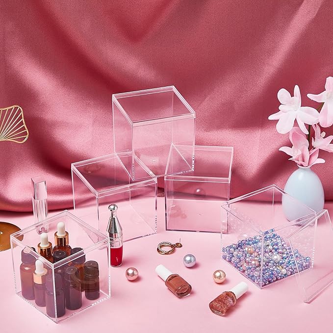 Juexica 12 Pcs Clear Acrylic Box with Lid Plastic Small Acrylic Boxes Decorative Storage Box Jewelry Display Mini Clear Container for Home Candy Pill Tiny Jewelry(Square,4.7 x 4.7 x 4.7)
