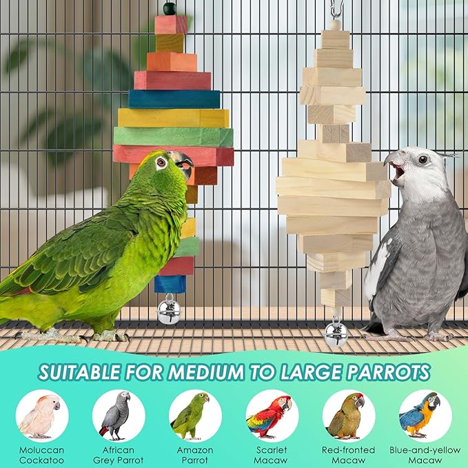 2 Pcs Large Bird Toys, Colorful Natural Wood Block Parrot Chew Sticks Toy with Bell for Amazon, African Greys, Eclectus Parrots, Macaws Chewing Tearing