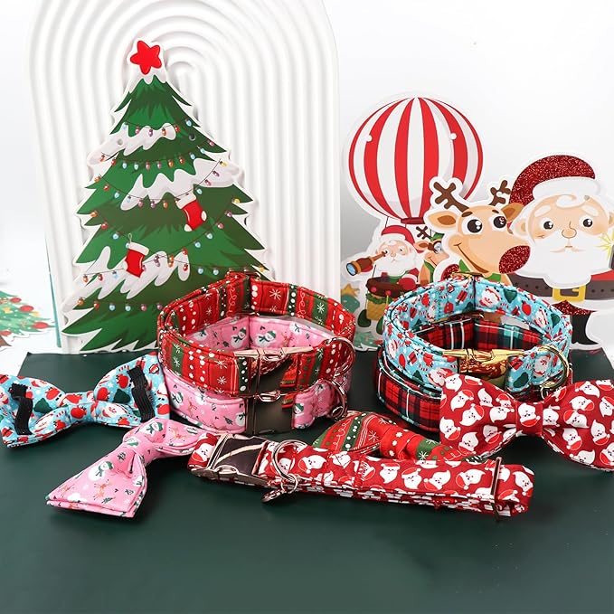 DOGWONG Christmas Red Plaid Dog Collar Bow Adjustable Red Checked Dog Collar Bow Tie Cute Christmas Red Dog Collar for Small Medium Large Dogs