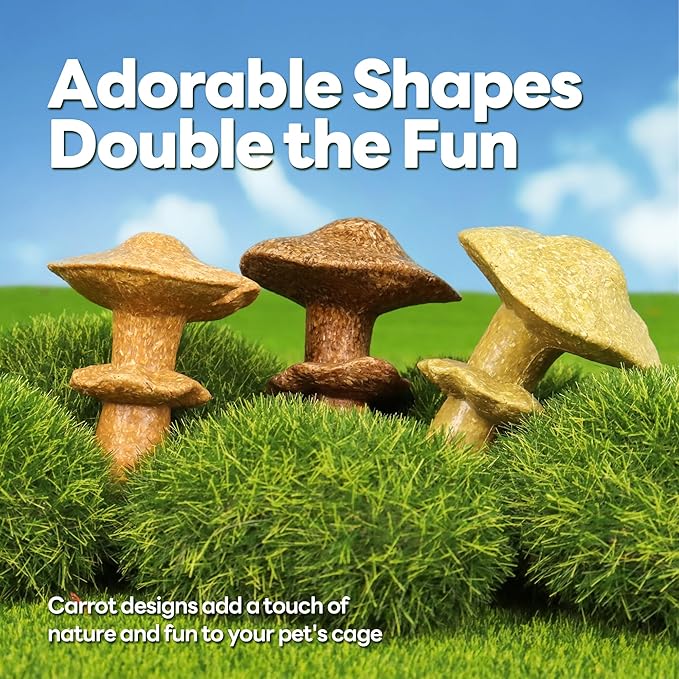 TEEWY 3PCS Guinea Pig Chew Toys, Prevent Teeth Overgrowth, Natural Timothy Grass & Vegetables, Hamster Chew Toys, Guinea Pig Toys, Chinchilla Toys, Mushroom-Shaped