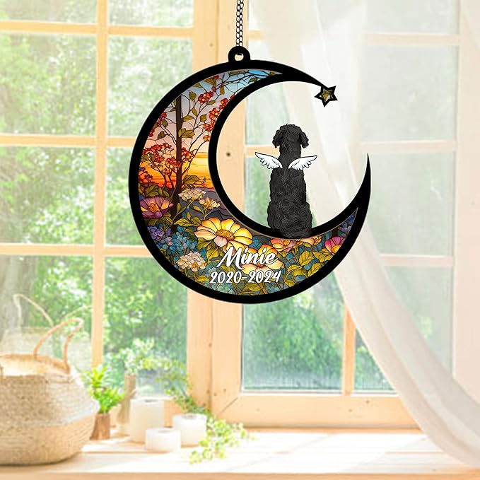 Personalized Goldendoodle (Black) Sun Catcher, Dog Memorial Gifts, Custom Goldendoodle (Black) with Wings Ornament Christmas Tree, Loss of Dog Sympathy Gift Memorial Suncatchers