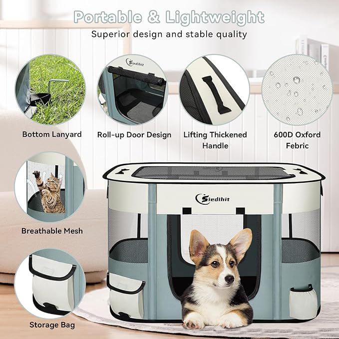 Dog Cat Playpen, Pet Puppy Portable Playpens for Outdoor Travel Crate, Indoor After Surgery Use, Foldable Dog Kennel Tent for Rabbit or Small Animals and Tent Stakes (Grey, Small)