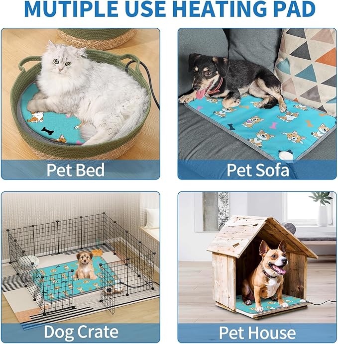 Cat Heating Pad 18x18 in Pet Heating Pad for Cats Waterproof Smart Thermostat Switch, Adjustable, Adding Wire Rope Wires Cat Warming Pad-Blue