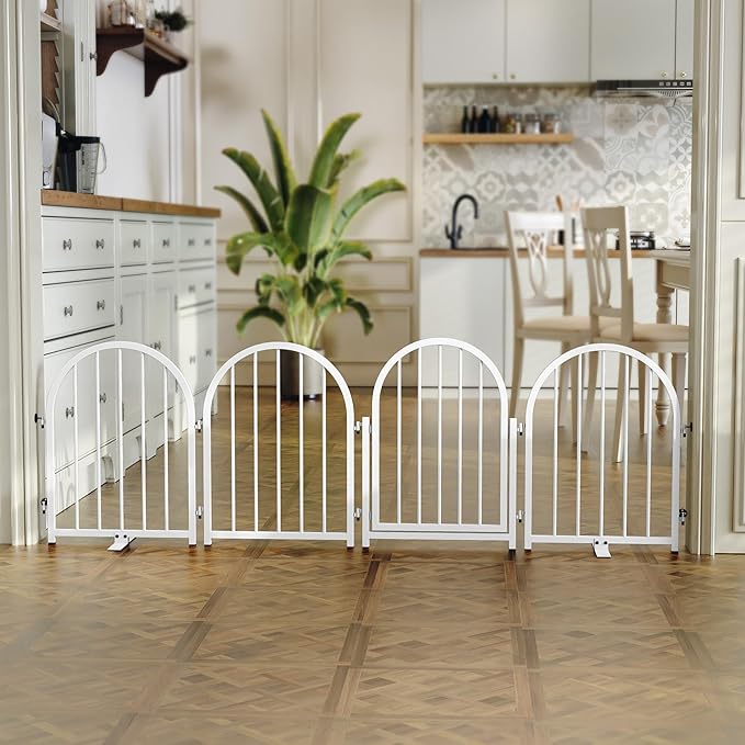 Full Metal Dog Gate with Door for Indoor Outdoor, 24" Tall Free Standing Pet Dog Fence, 72" Extra Wide Pet Gates for Stairs, Hallways, Doorways, Kitchen, Decks, Yards (White, 4 Panels)