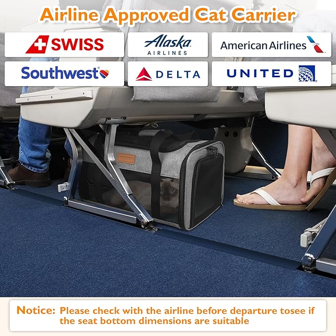 PETUX Airline Approved Cat Carrier or Small Cat up to 12 lb - 17"x11"x9.5", TSA, Underseat, Top & Side Entry Pet Carrier with Breathable Anti-Scratch Mesh & Litter Box for Travel and Vet Visit - Grey