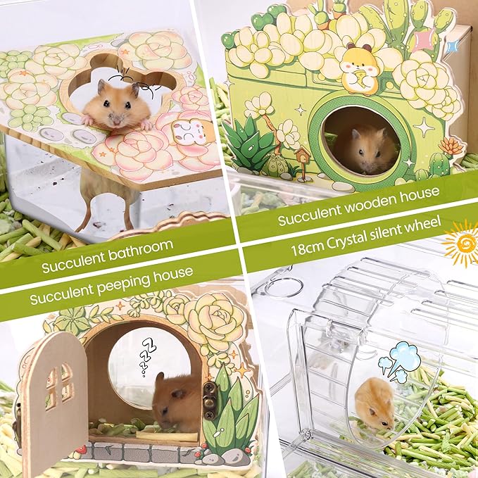 Acrylic Hamster Cage with All Accessories,Dwarf Hamster Cage with Stand,Syrian Mouse Cage for pet mice,Rat Cage for Hamster,Succulent Style Hamster House（20''L*11.5''W*10.5''H）