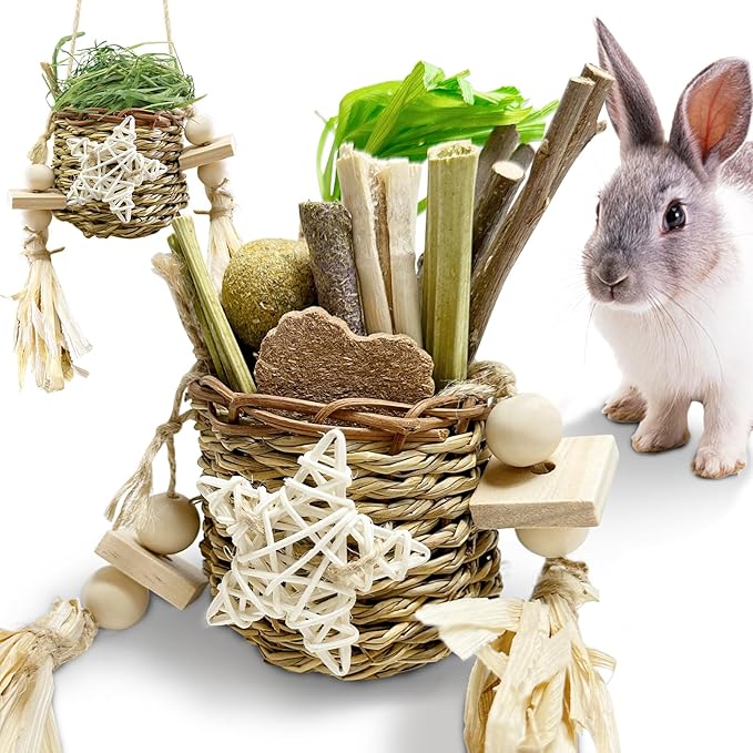 26Pcs Rabbit Toys for Bunny Boredom Basket for Small Pets, with 14Pcs Replacement Set Hanging Rodent Dental Toy with Papaya Stems Sweet Bamboo Hamsters, Chinchillas, Guinea Pigs (No Corn Cob)