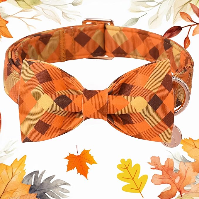 DOGWONG Fall Dog Collar Bow Adjustable Girl Boy Orange Dog Collar Bow Tie Cute Plaid Dog Collar for Small Medium Large Dogs
