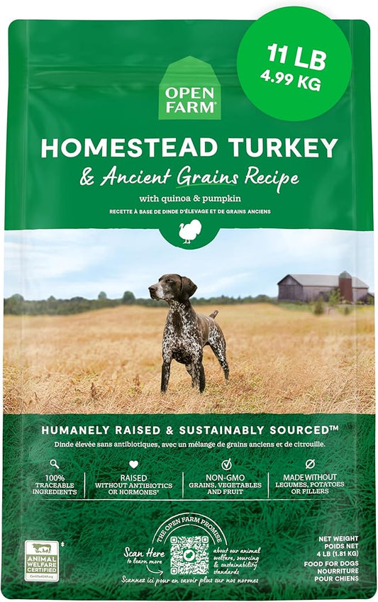 Open Farm, Ancient Grains Dry Dog Food, Protein-Rich & Nutrient Dense, 90% Animal Protein Mixed with Non-GMO Fruits, Veggies and Superfoods, Homestead Turkey Recipe, 11lb Bag