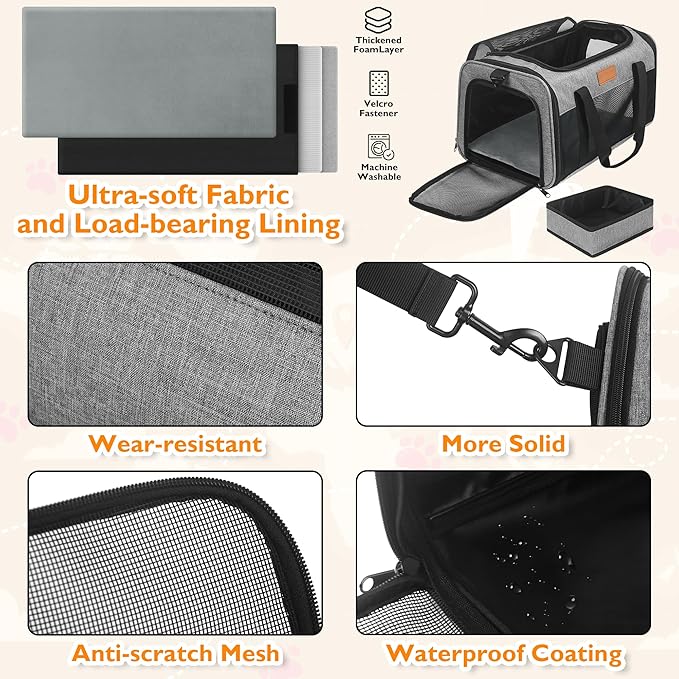 PETUX Airline Approved Cat Carrier or Small Cat up to 12 lb - 17"x11"x9.5", TSA, Underseat, Top & Side Entry Pet Carrier with Breathable Anti-Scratch Mesh & Litter Box for Travel and Vet Visit - Grey