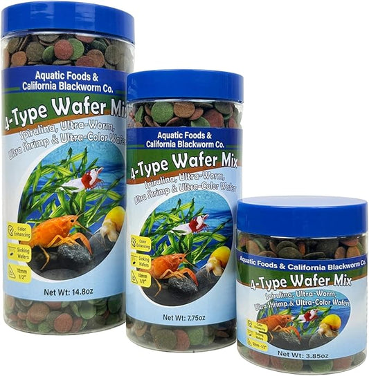 Aquatic Foods Inc. 4-Type 12mm - 1/2" Sinking Wafer Mix of Spirulina-Algae, Ultra-Worm, Shrimp, Color Enhancing for Shrimp, Snails, Crayfish, Bottom Fish, 12-Type Pellets Included 6.0oz Canister