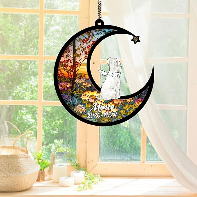 Personalized Soft Coated Wheaten Terrier (White) Sun Catcher, Dog Memorial Gifts, Custom Soft Coated Wheaten Terrier (White) with Wings Ornament Christmas Tree, Loss of Dog Sympathy Gift Suncatchers