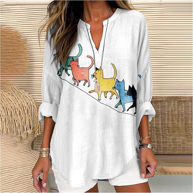 MARSVOVO Cat Shirts for Women Long Sleeve Cute Cat Pullover Graphic Novelty V Neck Blouse Oversized Funny Tunic Tops
