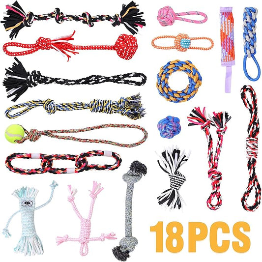 Dog Rope Toys with 18 pcs for Teething, Entertainment & Interaction, Dog Chew Toys, Training Tug Balls and Squeaky Toys for Medium&Small Puppies.