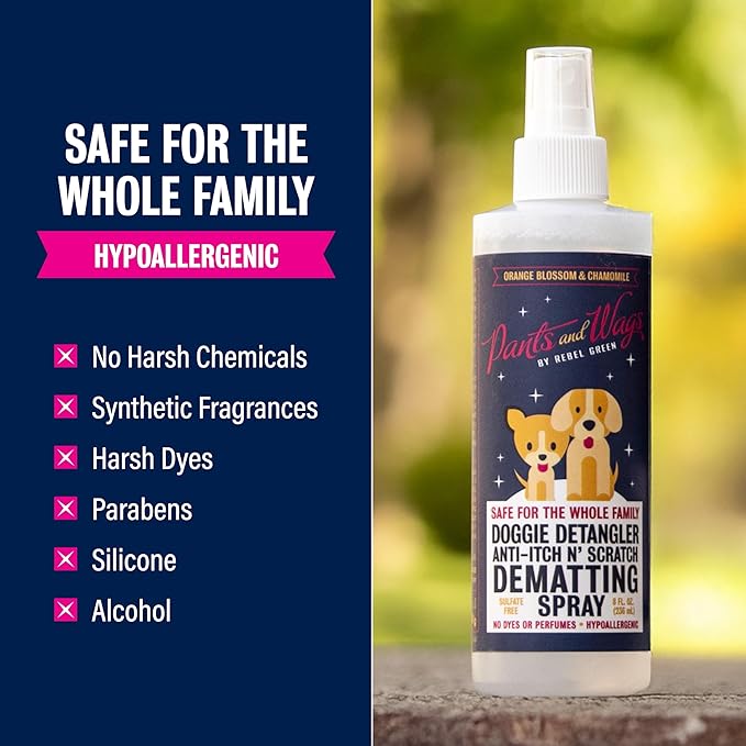 Rebel Green Pants and Wags Anti-Itch & Scratch Dematting Spray - Dog Hair Detangler - Orange Blossom & Chamomile - Hypoallergenic - No Dyes or Perfumes - 8 oz - 2 Pack