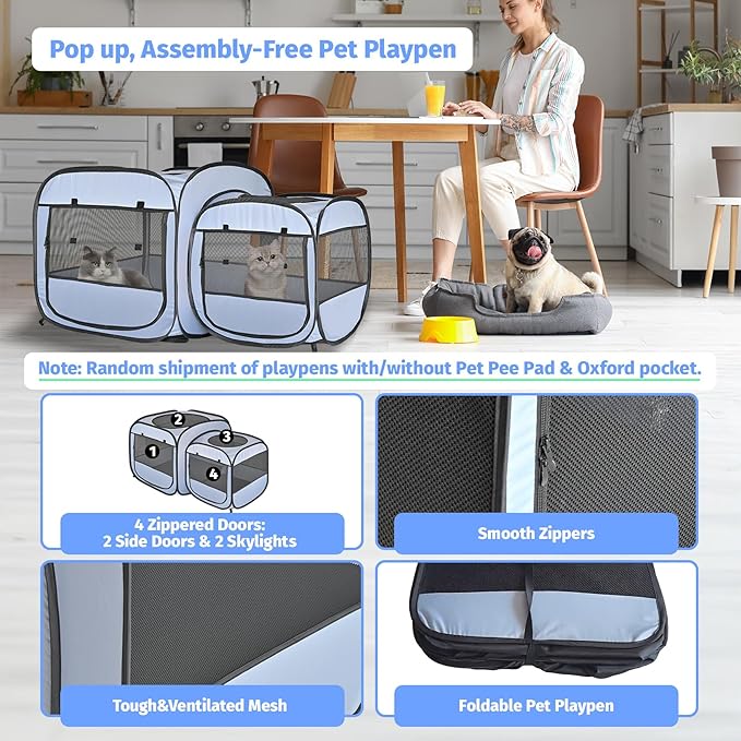 EighteenTek® 2-in-1 Portable Cat Playpen, Pop up Large Kitten Playpen, No Assembly Need, Pet Cat Dog Tent Crates Kennel Cage, Cats Enclosure for Dog and Puppy Indoor Outdoor(No Divider, Unified Space)