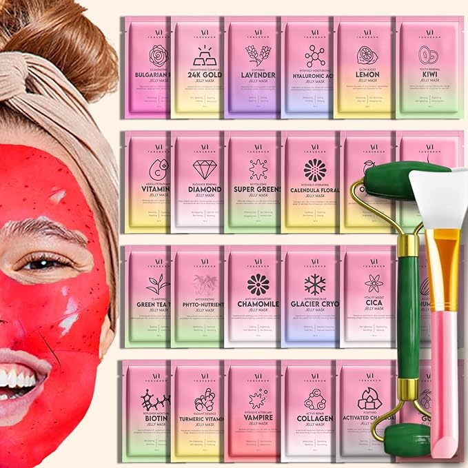 Jelly Mask for Facials - 24 Flavors Hydrating & Brightening Jelly Face Masks | Free Jade Roller & Spatula |Bulgarian Rose, Lavender, Hyaluronic Acid 24K Gold face mask | International Womens Day Gifts