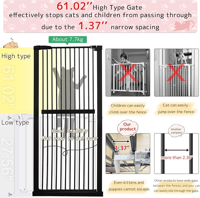 Lumizone Extra Tall Cat Gate 61.02" High Pressure Mounted Extra Wide 42.52"-46.64" (17Sizes) 1.37" Gap No Drilling Auto-Close Tall Pet Gate for Dogs (Black, 42.52"-46.64" W)