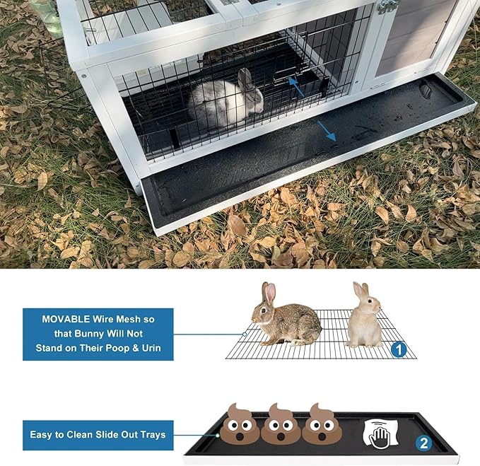Rabbit Hutch Indoor Outdoor Rabbit Cage Bunny Hutch with Casters, Urine Baffles Bottom Wire Floor Leakproof Tray Metal Feeder Openable Roof