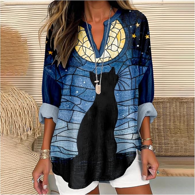 MARSVOVO Cat Shirts for Women Long Sleeve Cute Cat Pullover Graphic Novelty V Neck Blouse Oversized Funny Tunic Tops