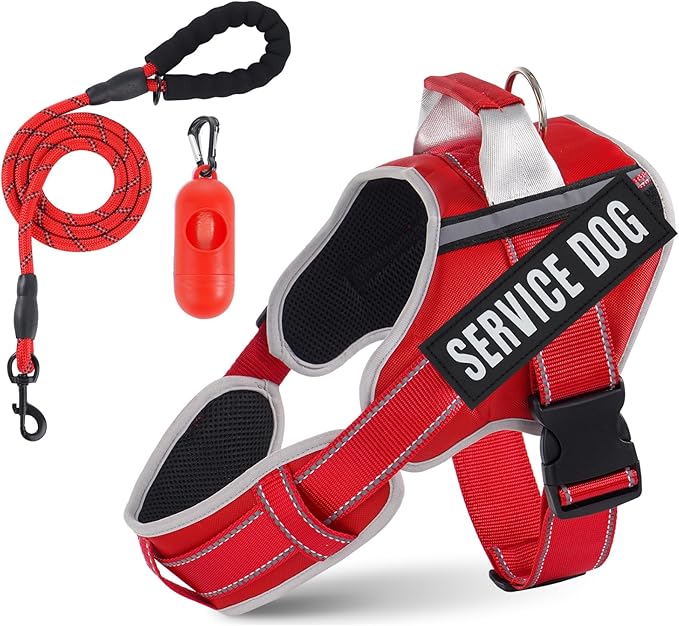 Neck Padded Service Dog Vest Harness and Leash Set, No Pull Adjustable Service Pet Harness with 8 Dog Patches, Reflective in Training Easy Control Pet Vest with 5ft Dog Leash for Medium & Large Dogs