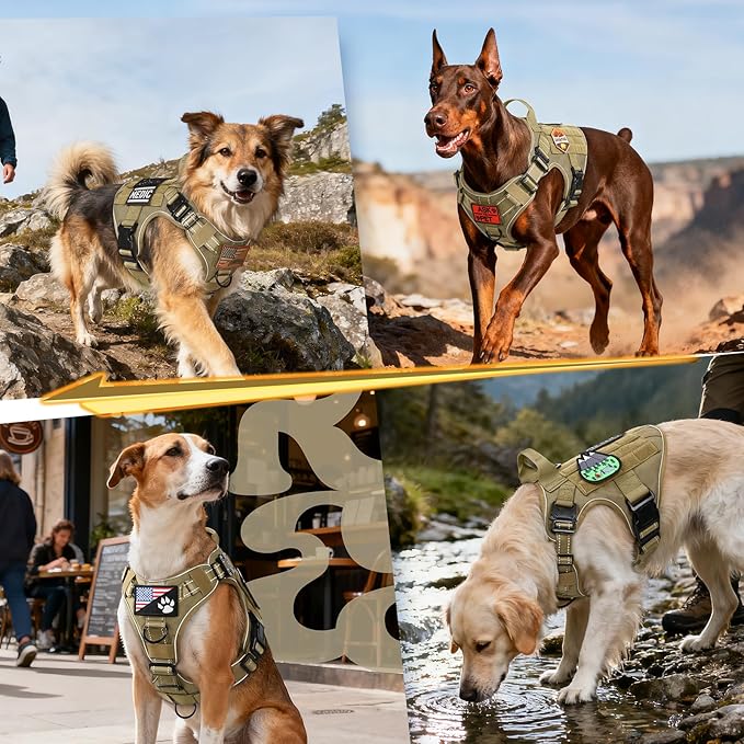 rabbitgoo Tactical Dog Harness for Large Dogs, No Pull Upgraded Reflective Heavy Duty Molle Vest with Handle, Adjustable Military Service Dog Vest for Walking Hiking Training, Brown, XL