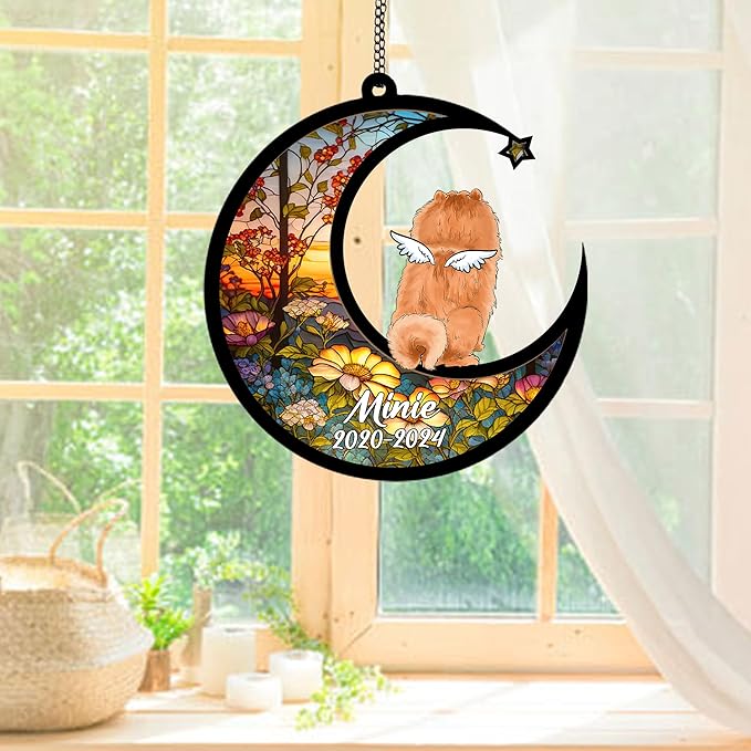 Personalized Chow Chow (Orange) Sun Catcher, Dog Memorial Gifts, Custom Chow Chow (Orange) with Wings Ornament Christmas Tree, Loss of Dog Sympathy Gift Memorial Suncatchers